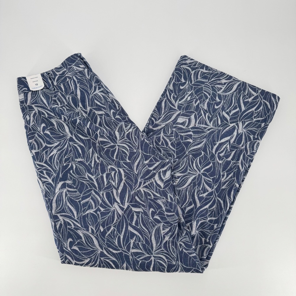 J.McLaughlin Morgan Pants 10 Leaf Lover Navy White Wide Leg Cotton Denim NEW